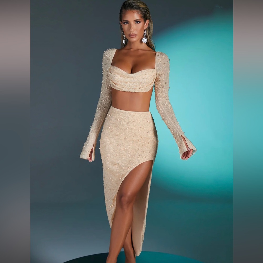 Brand new Oh Polly Pearl Embellished Maxi Skirt Set in Sand